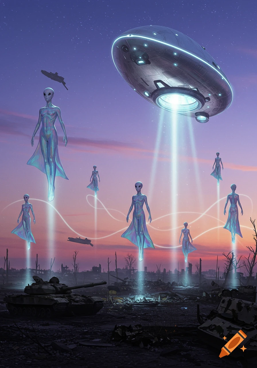 UFO beaming down humanoid aliens with glowing light over a destroyed landscape with tanks at sunset.