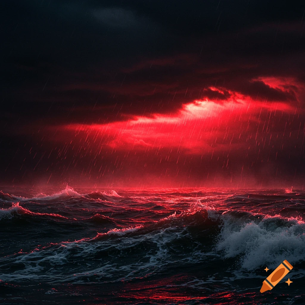 A dark, stormy ocean at night with large waves and heavy rain falling under a dramatic red sky.