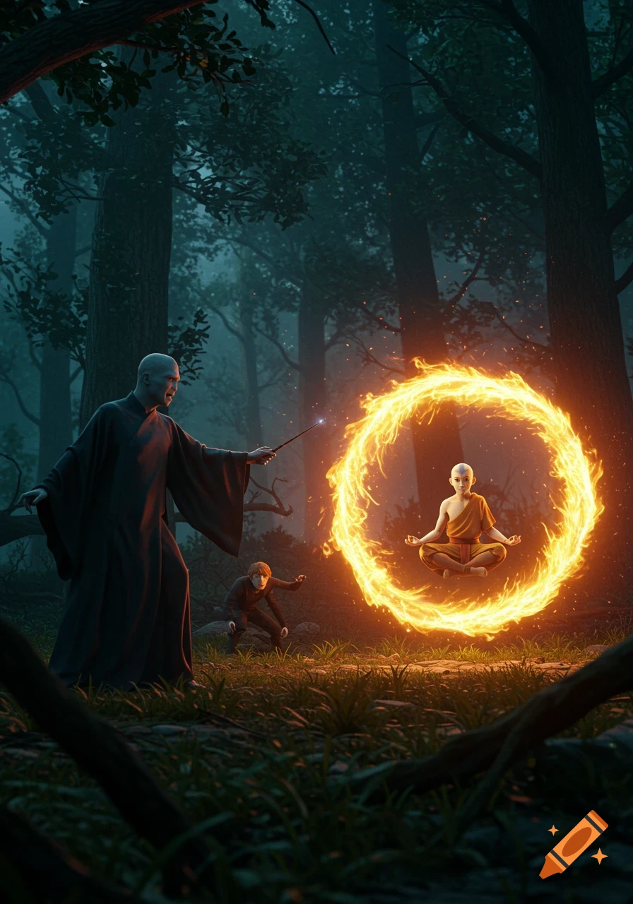 Voldemort points his wand at Aang, who meditates within a fiery ring, while Ron Weasley watches in a dark, mystical forest.