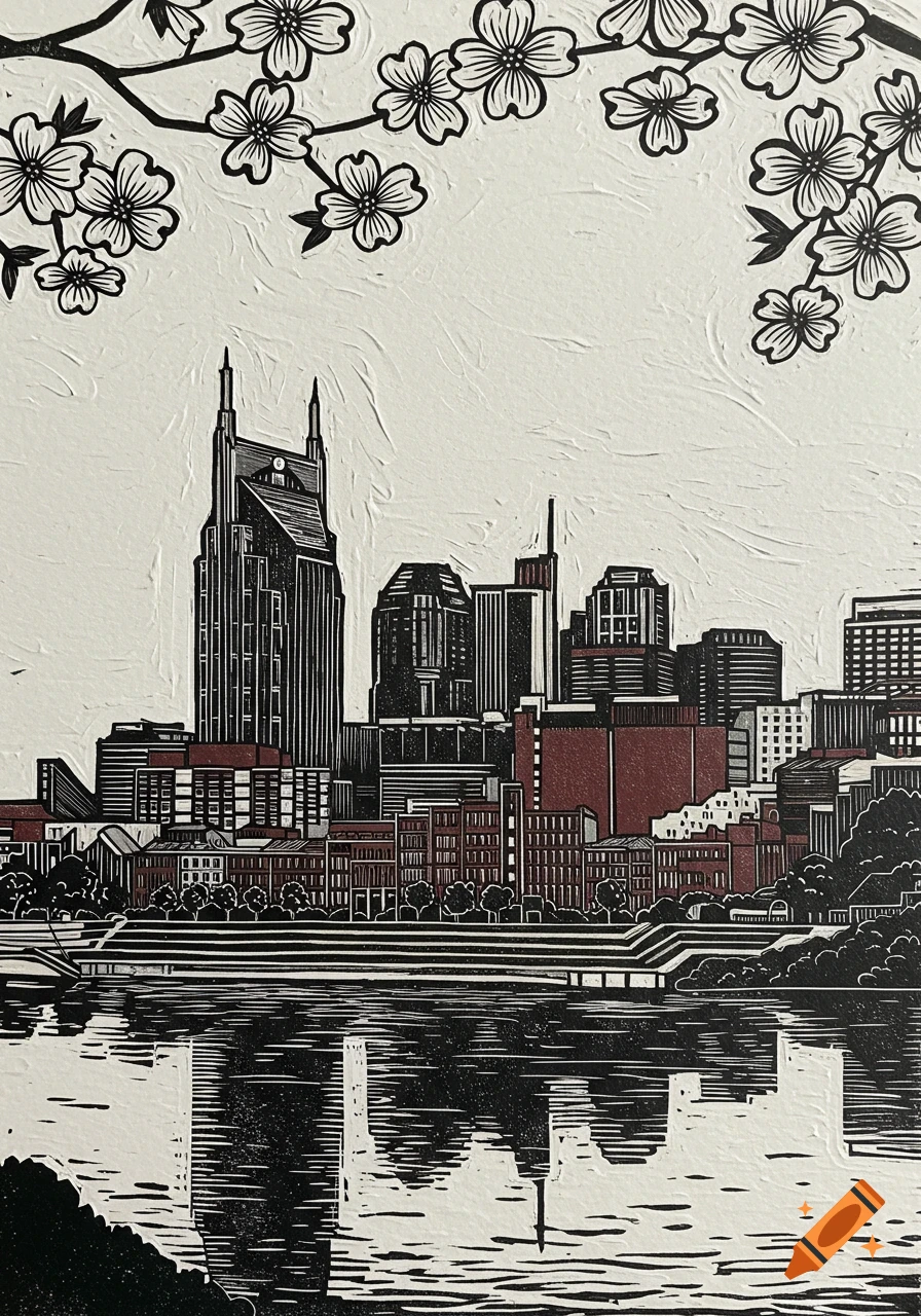 Black and white linocut illustration of the Nashville skyline reflected in water, with cherry blossoms at the top.