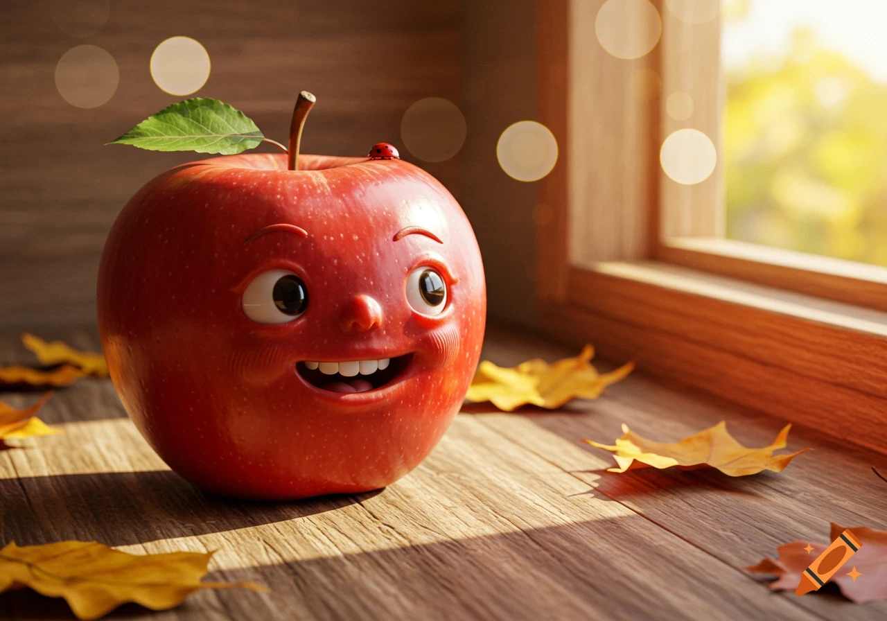 A cartoon apple with a happy face sits on a wooden surface with autumn leaves, a ladybug on its head, by a sunny window.