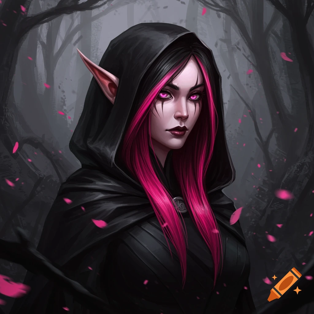 A portrait of a dark fantasy elf with glowing pink eyes, bright pink hair, and human-like ears, wearing a black hooded cloak in a dark forest.
