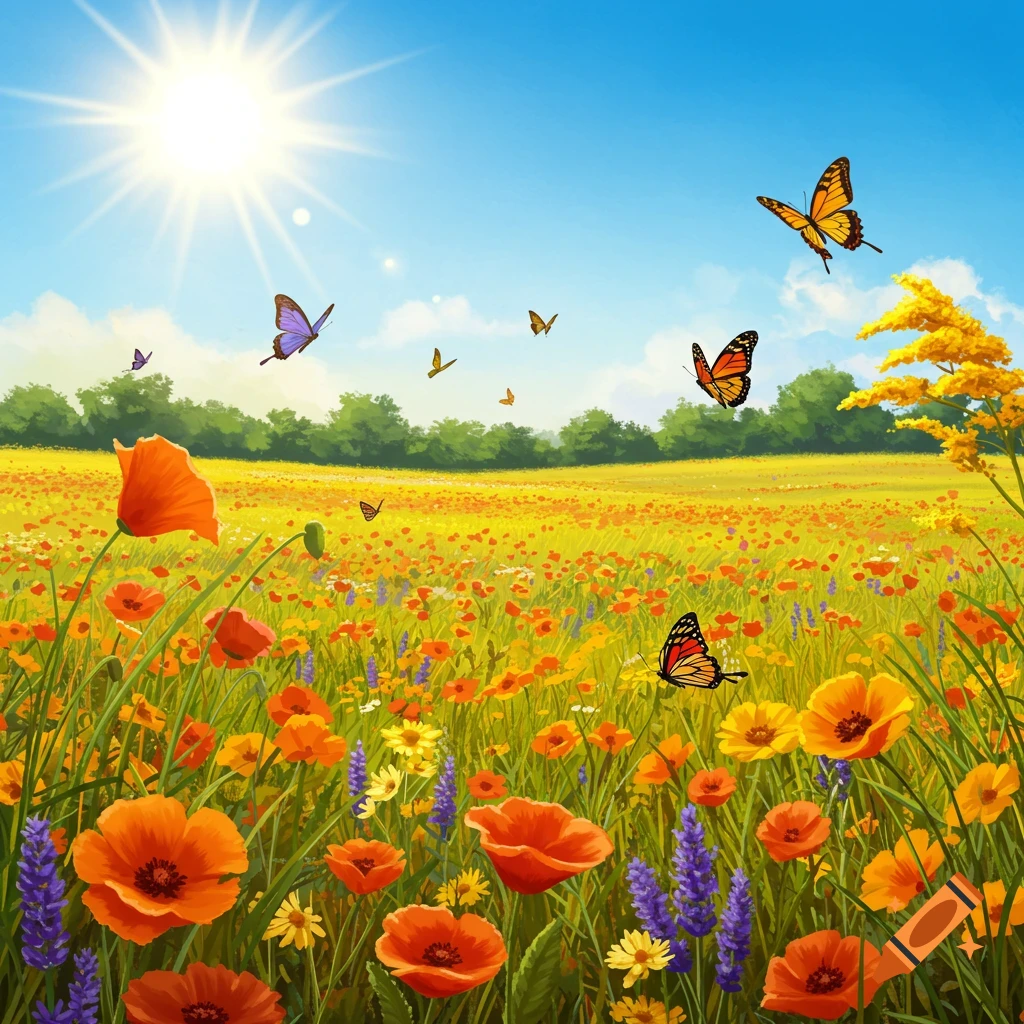 A vibrant, sunny meadow filled with colorful wildflowers, including orange poppies, and various butterflies flying under a bright blue sky.