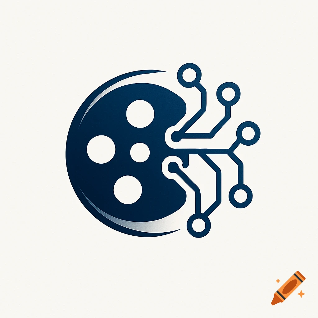 A dark blue logo depicting a film reel combined with a circuit board design on a light background.
