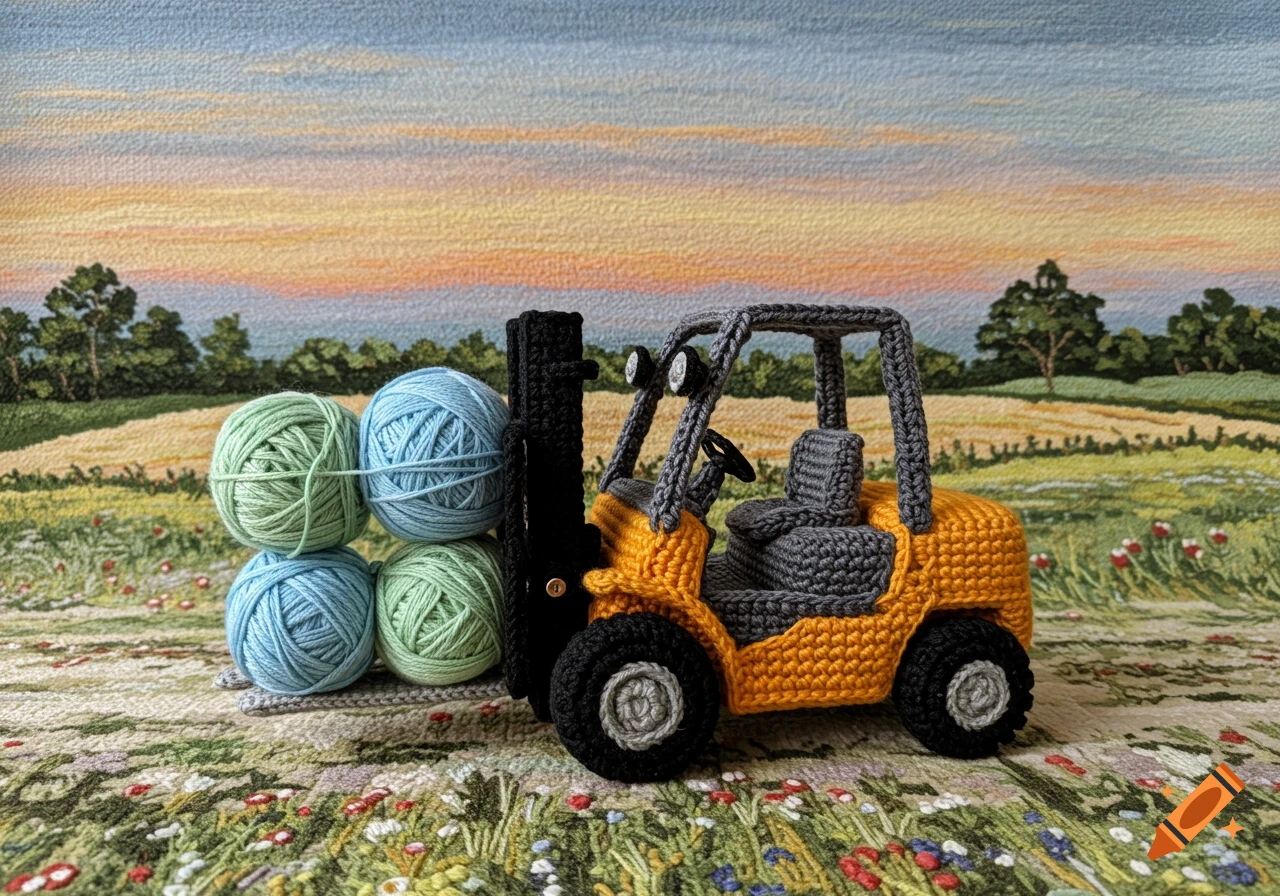A small, orange and gray crochet forklift carries four balls of blue and green yarn in a field with an embroidered sunset sky.