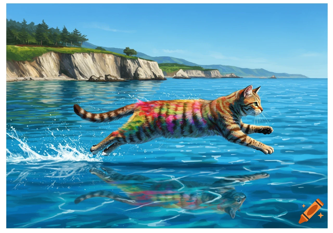 A vibrant tabby cat with rainbow fur leaps across a bright blue ocean, splashing water. Coastal cliffs and mountains are in the background. Illustration.