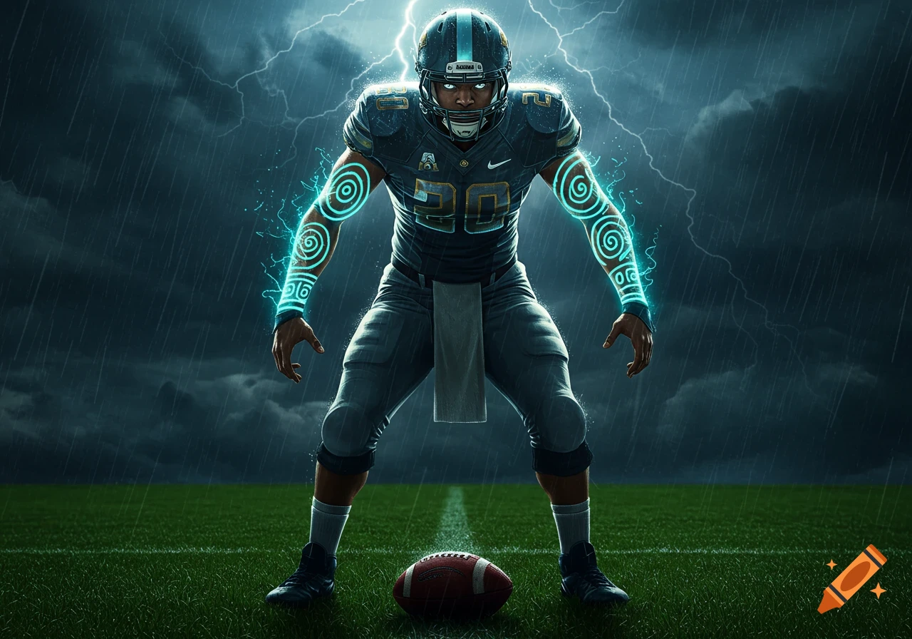 A powerful football player avatar with glowing blue spiraled tattoos on his arms, standing in a stadium on a rainy field with lightning striking behind him.