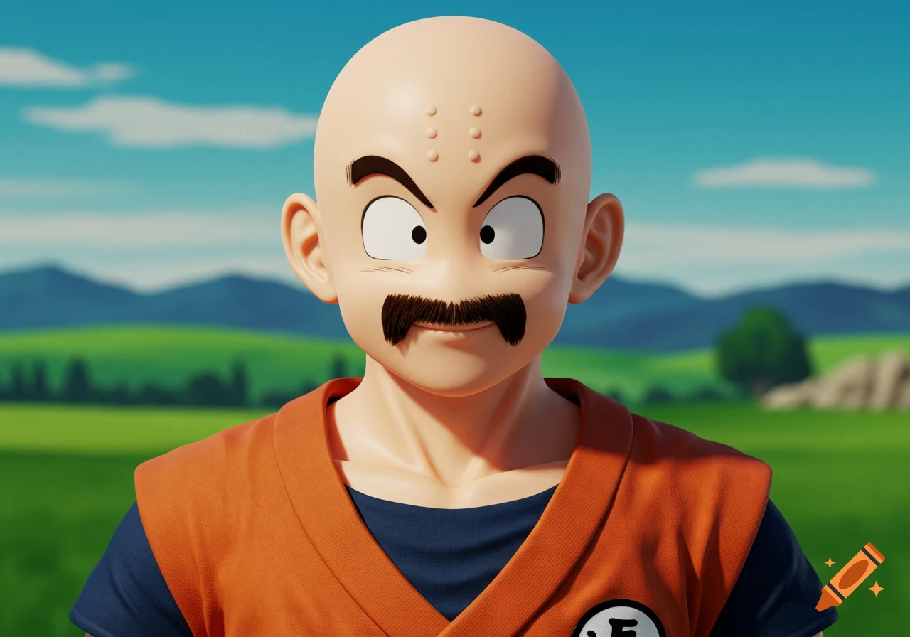 Close-up of Krillin from Dragon Ball, bald with a black mustache and orange gi, against a green and blue outdoor background.
