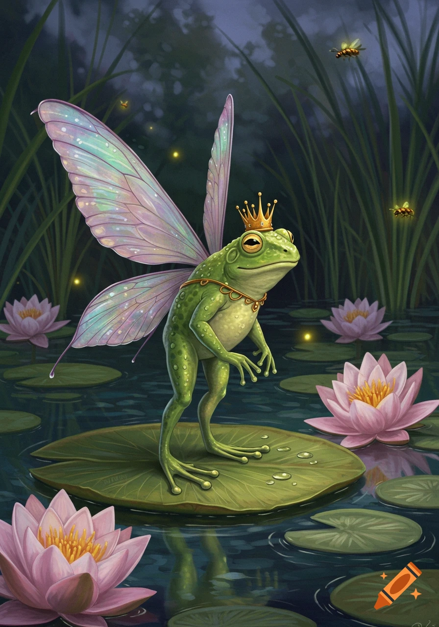 A detailed illustration of a fairy frog prince with wings and a crown, standing on a lily pad among pink water lilies and glowing fireflies.