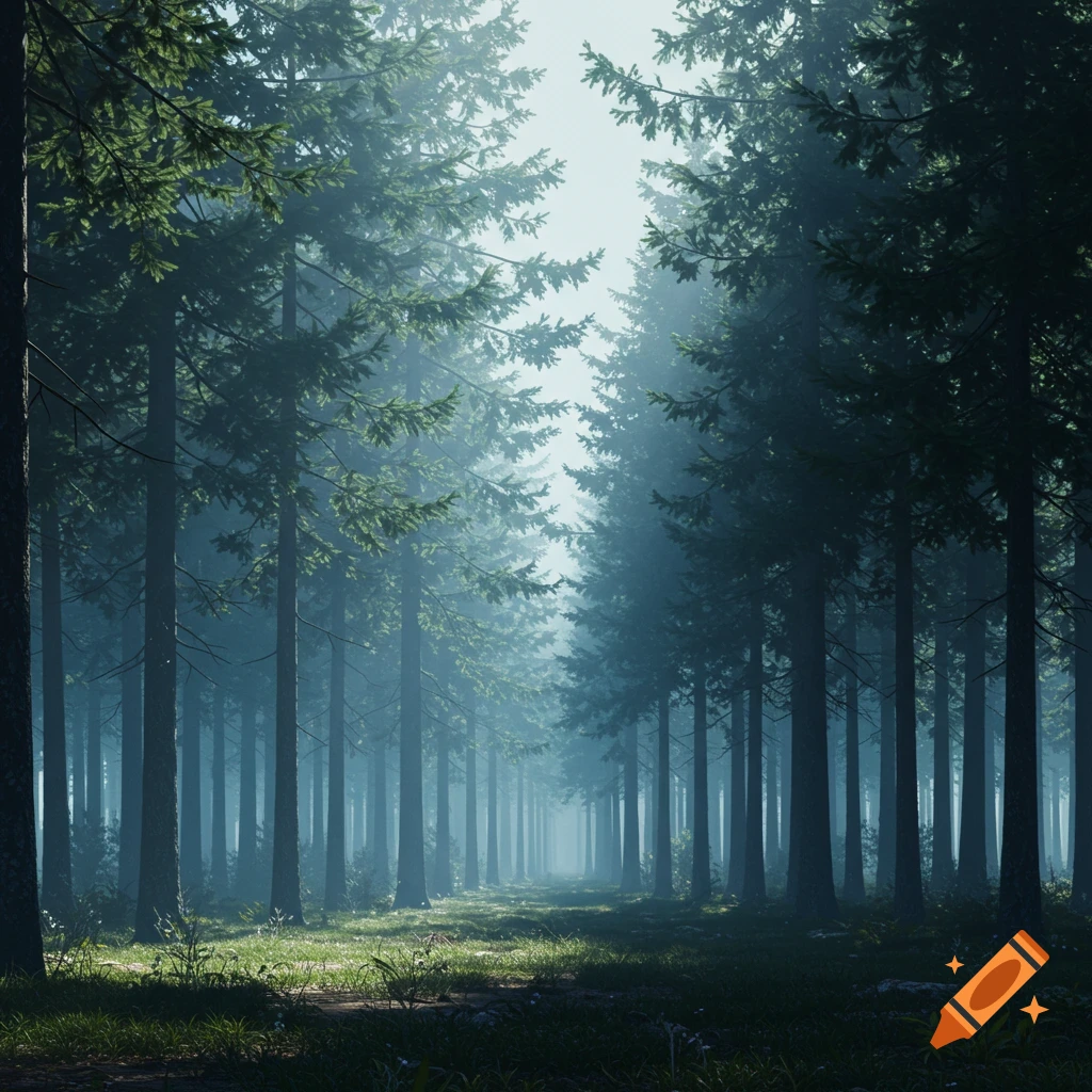 Photorealistic image of a misty pine forest with tall trees and a path leading to a vanishing point.