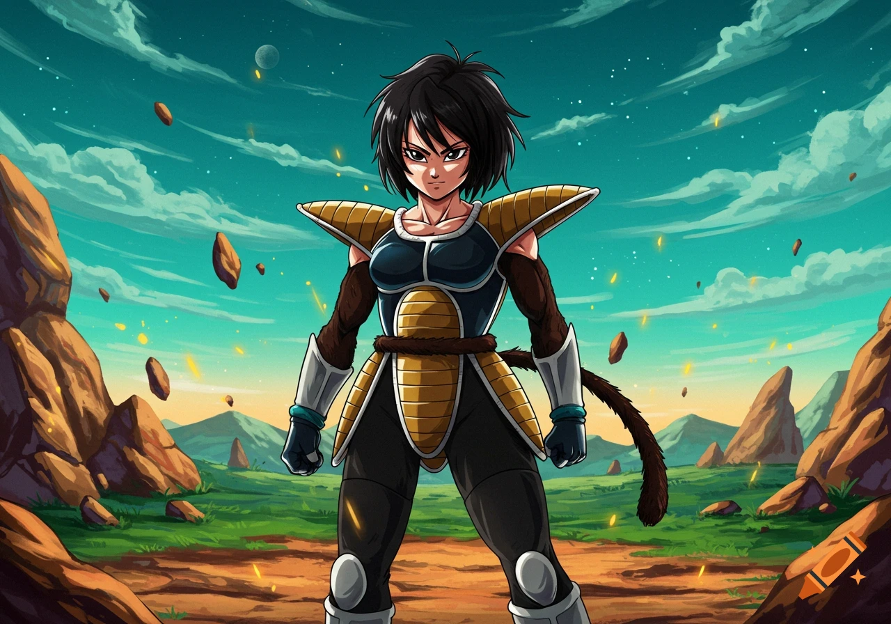 A female Saiyan warrior with short black hair and a tail, wearing armor, stands in a barren, rocky landscape under a teal sky, in Dragon Ball Z style.