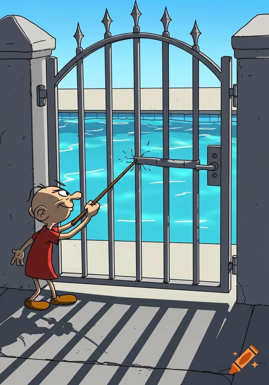 A bald cartoon boy in a red shirt uses a stick to try and open a locked iron gate in front of a blue swimming pool.