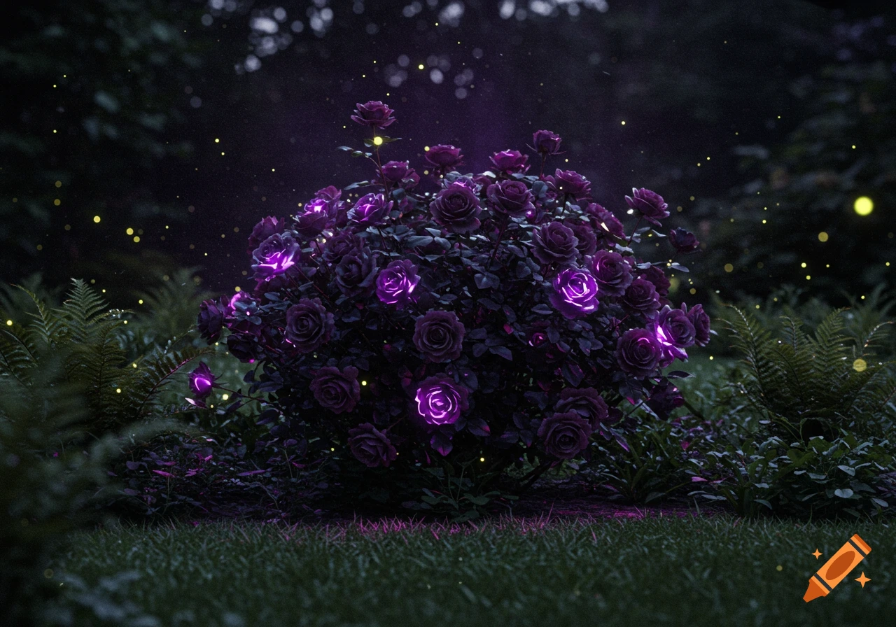 A bush of black roses with some glowing purple, set in a dark, magical garden at night with twinkling golden lights.