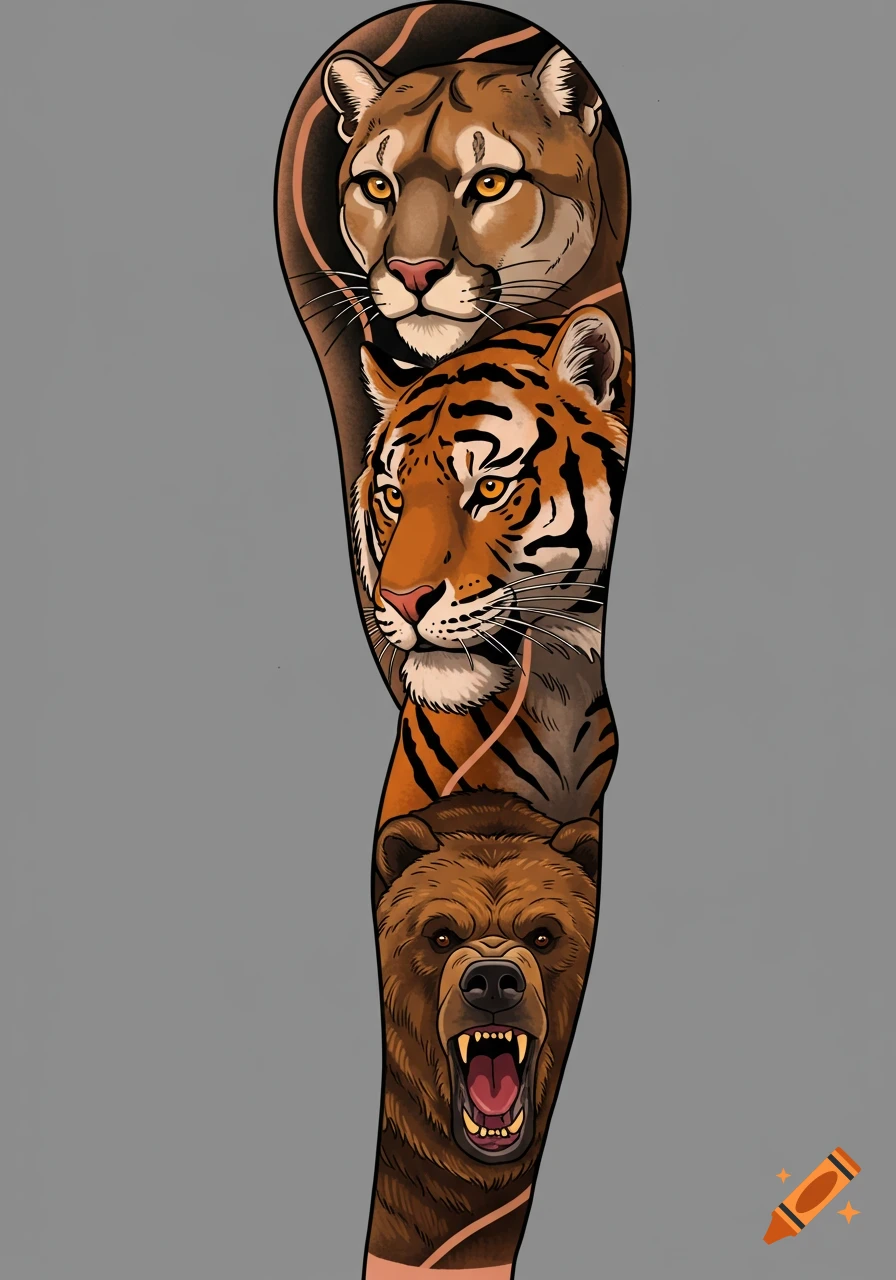 American traditional full sleeve tattoo design featuring a mountain lion, tiger, and grizzly bear stacked vertically.