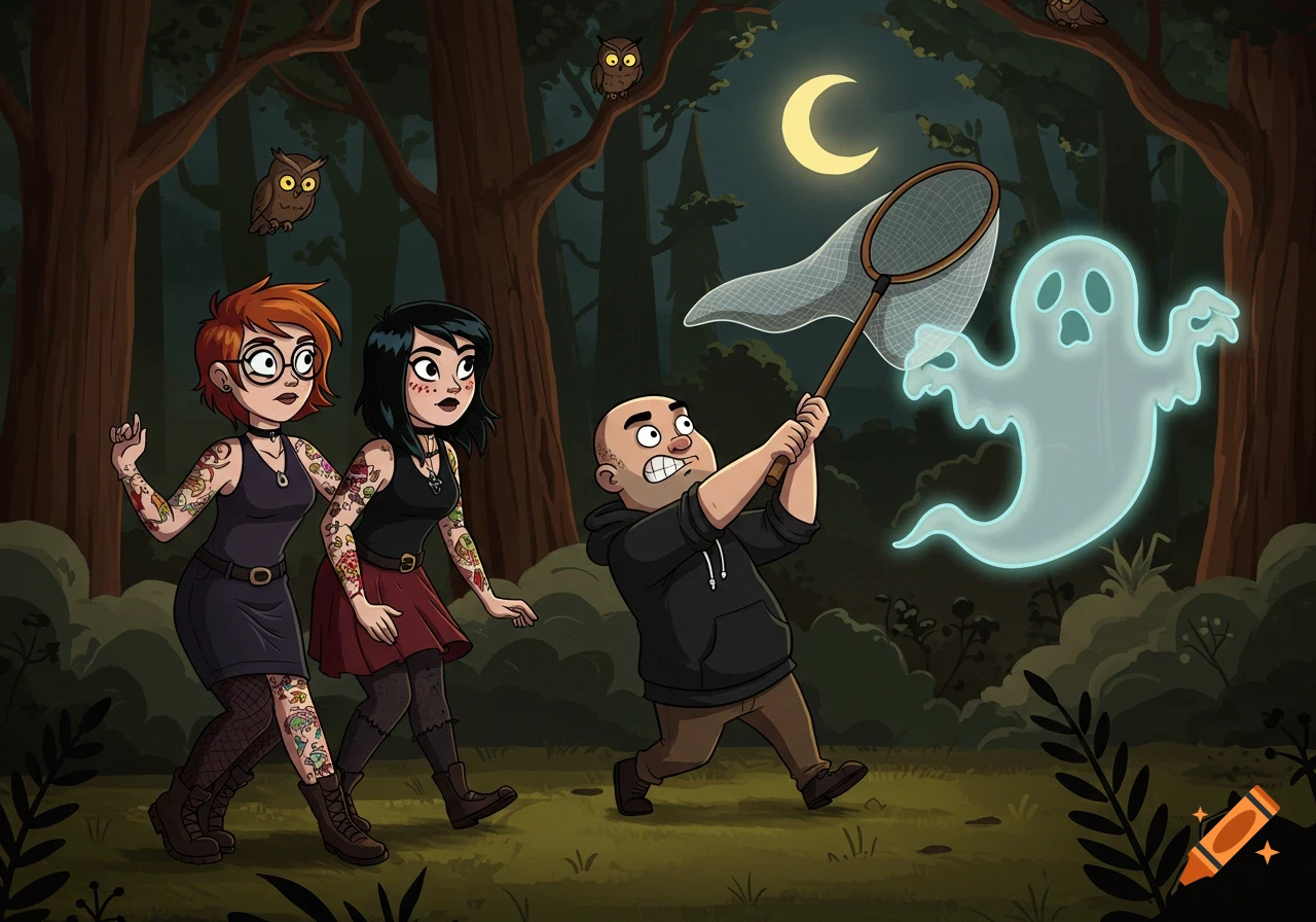 A cartoon of two goth women and a bald man ghost hunting in a dark forest at night, with the man swinging a net at a glowing ghost. Owls perch in trees under a crescent moon.