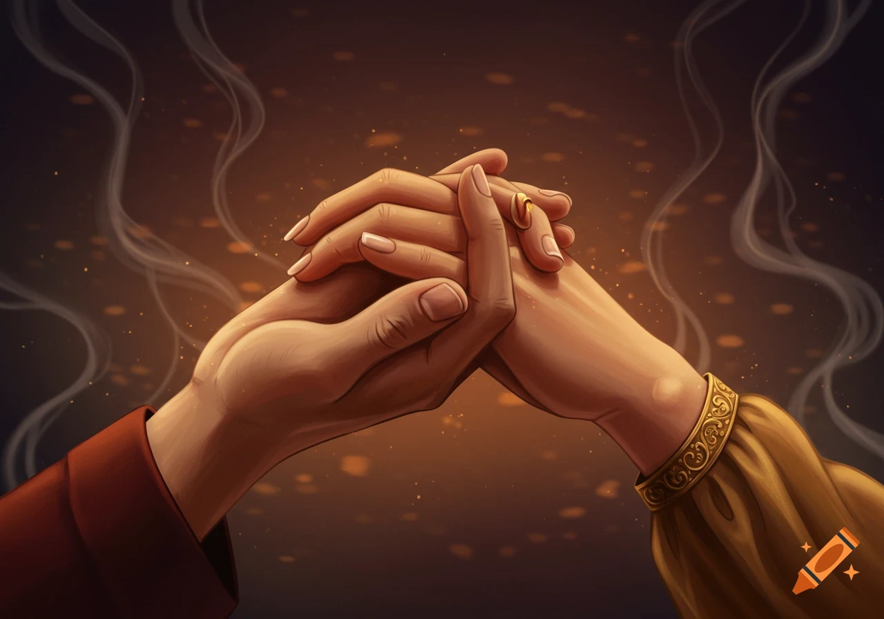 Artistic illustration of two hands, one male and one female, clasped together, with a ring and golden bracelet on the female hand.