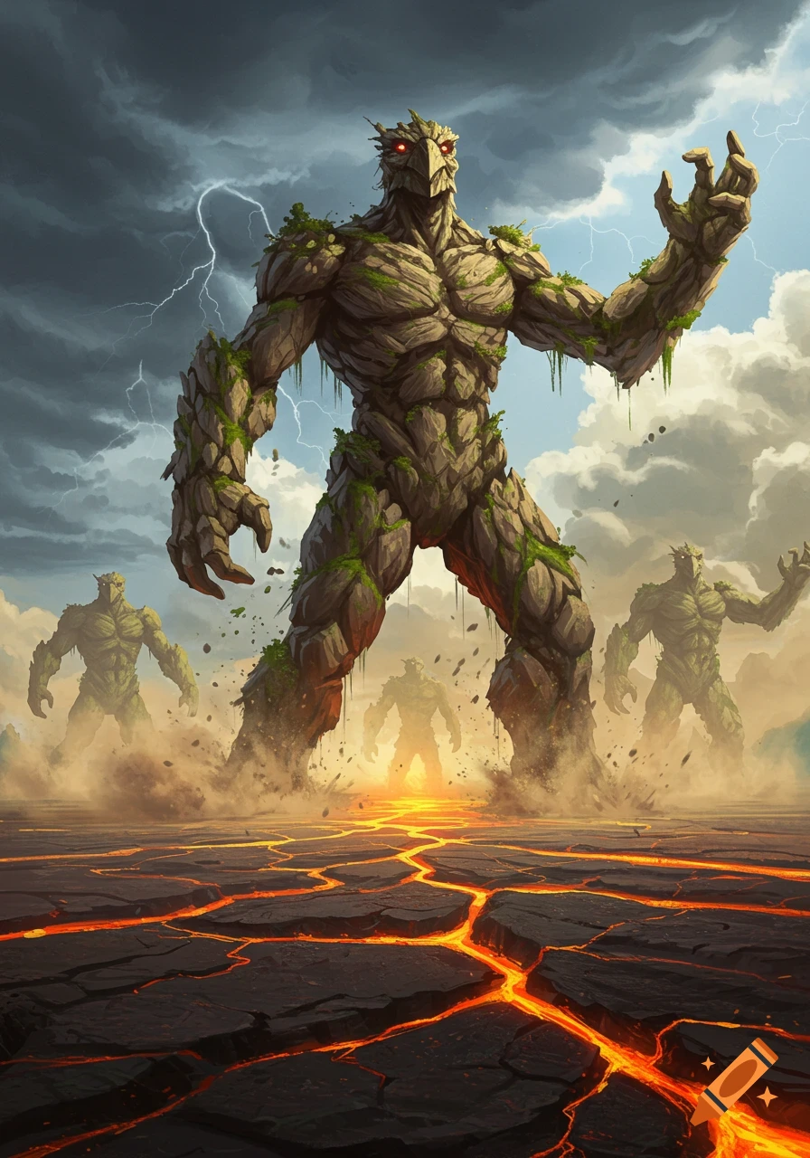 Giant, moss-covered rock creatures emerge from cracked, lava-filled earth under a stormy sky with lightning.
