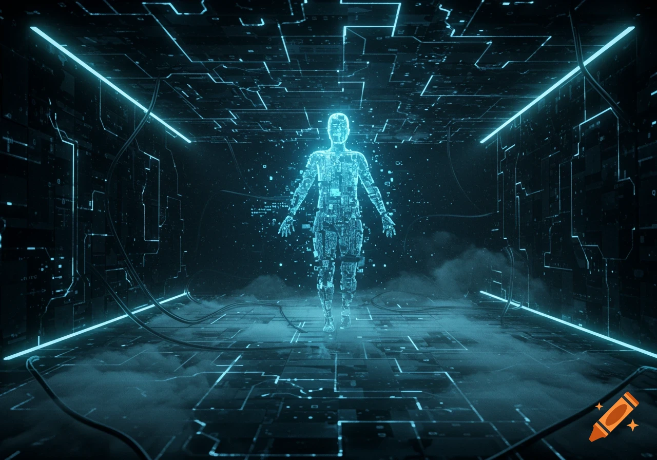 A glowing, translucent digital human figure, made of circuit board patterns, stands in a dark, futuristic room filled with glowing blue circuits and wires.