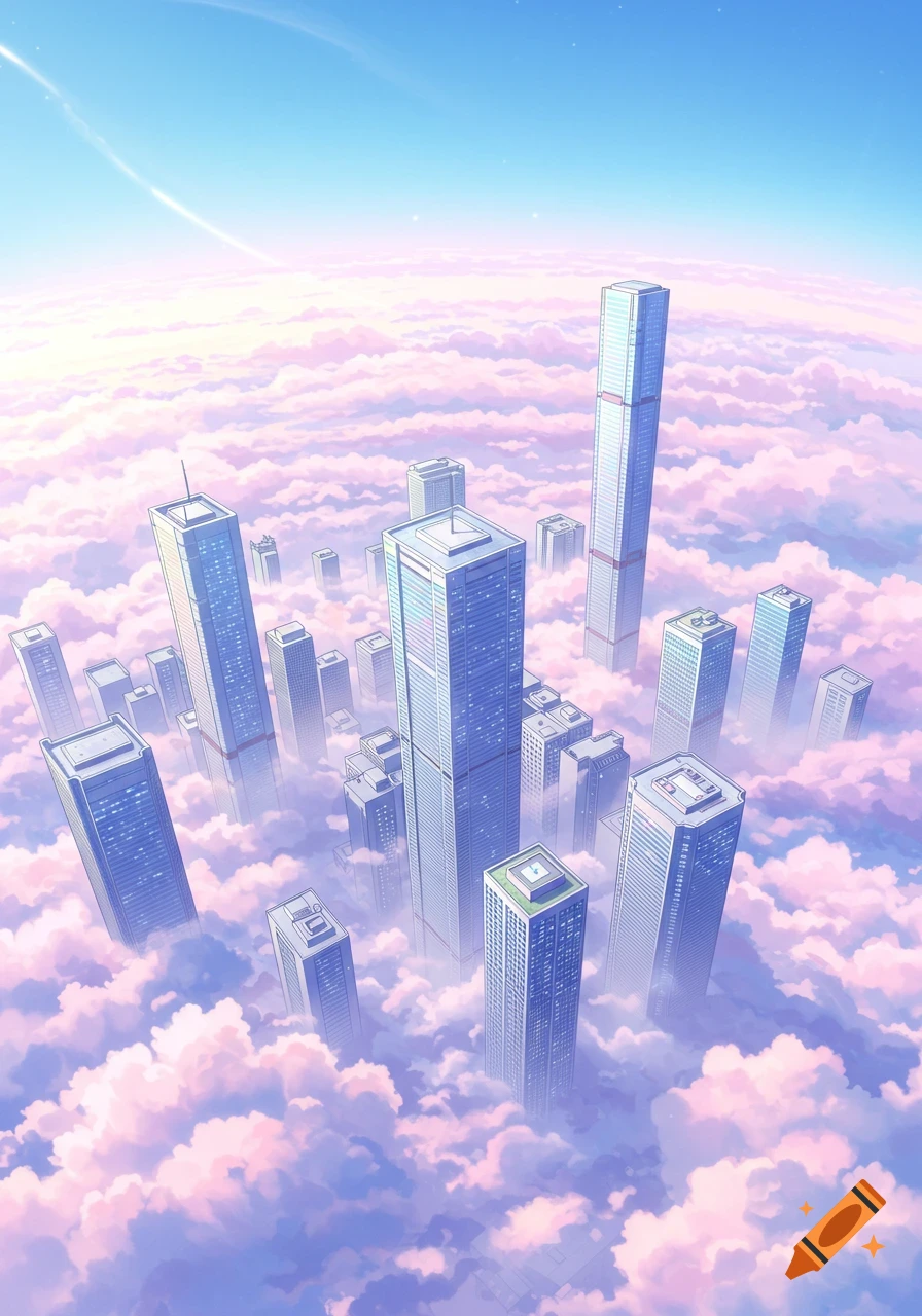 Anime-style futuristic cityscape with towering skyscrapers emerging from vibrant pink and purple clouds under a blue sky.