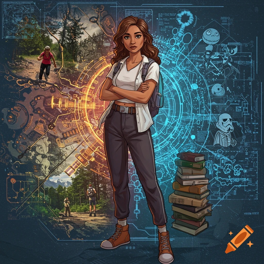 Cartoon woman with backpack, arms crossed, against a split background of hiking trails on glowing circuits and blueprints with pop culture art.