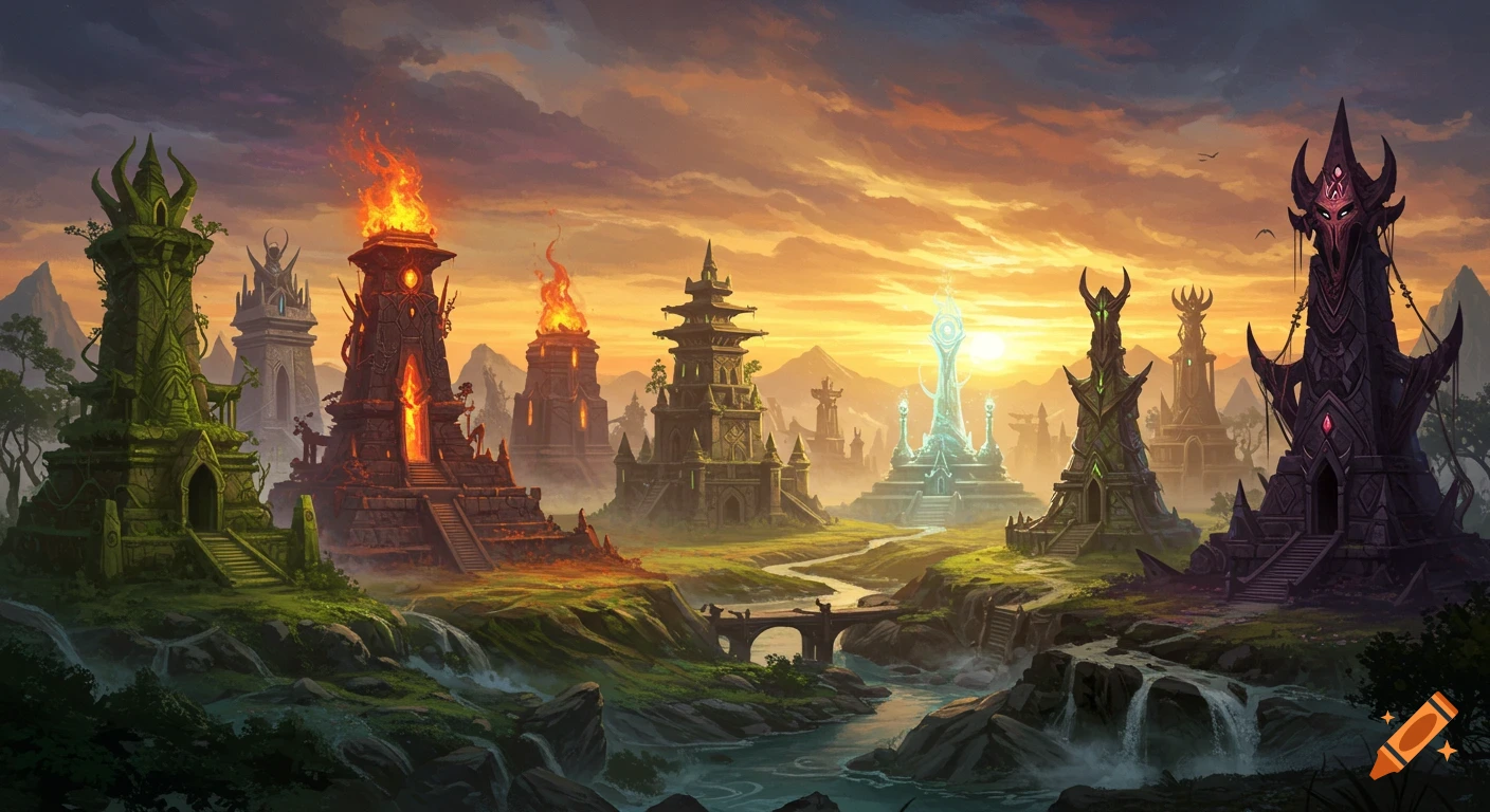 Panoramic fantasy landscape with diverse magical shrines, a river, and mountains under a vibrant sunset sky.