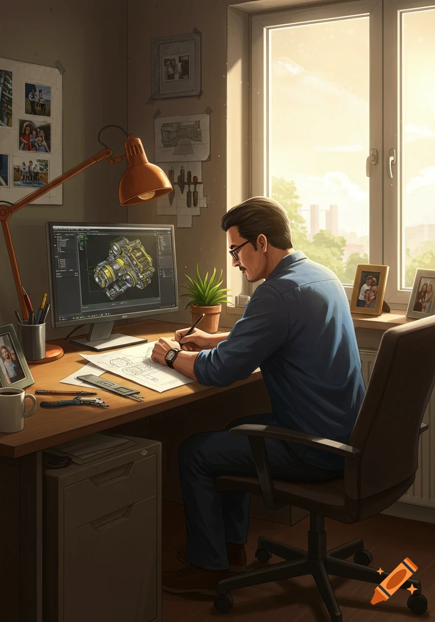 Illustrated man working at a desk as a mechanical engineer, drawing blueprints and viewing 3D models on a computer in a sunny room.