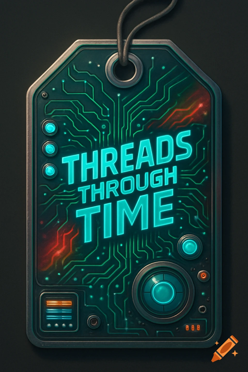 A futuristic tag designed like a circuit board time machine control panel with glowing teal text 'THREADS THROUGH TIME'.