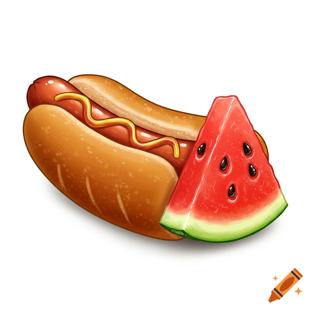A cartoon hotdog with mustard next to a slice of watermelon on a white background.