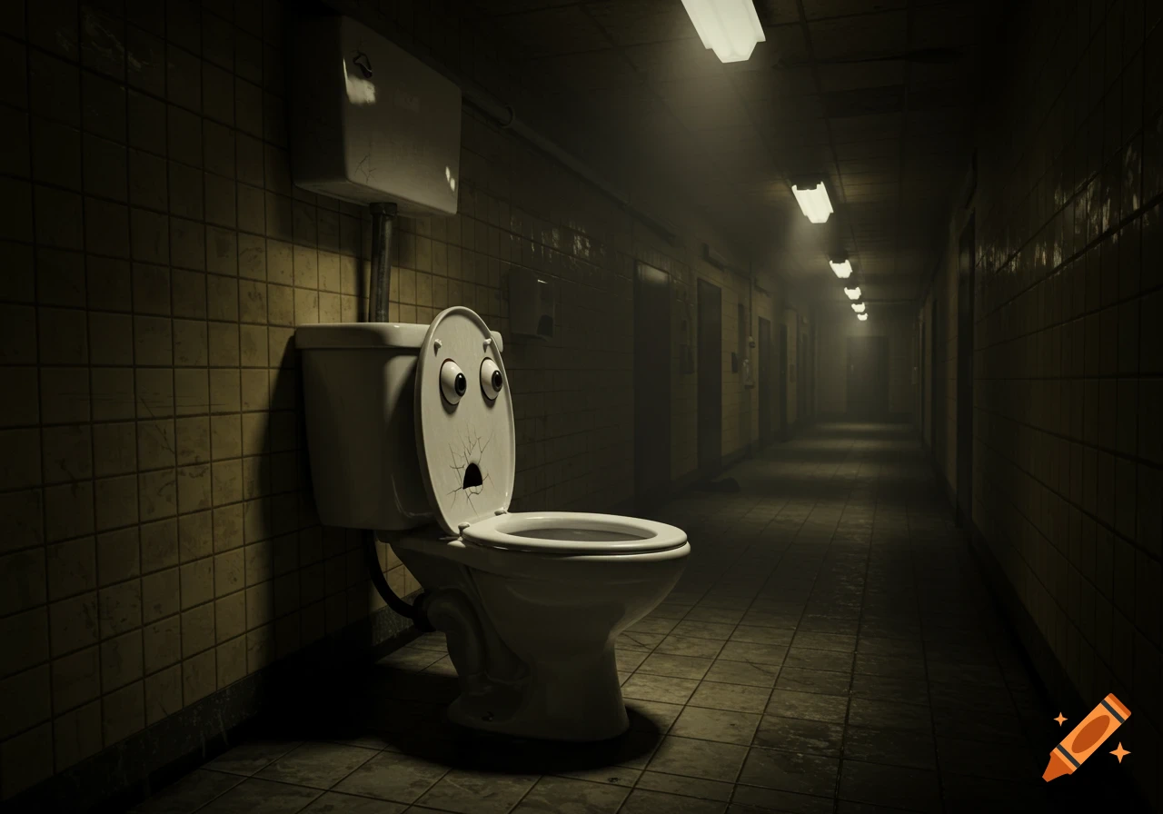 A cartoonishly scared toilet with large eyes and a cracked mouth sits in a dark, eerie, tiled backrooms hallway, lit by dim overhead fluorescent lights.
