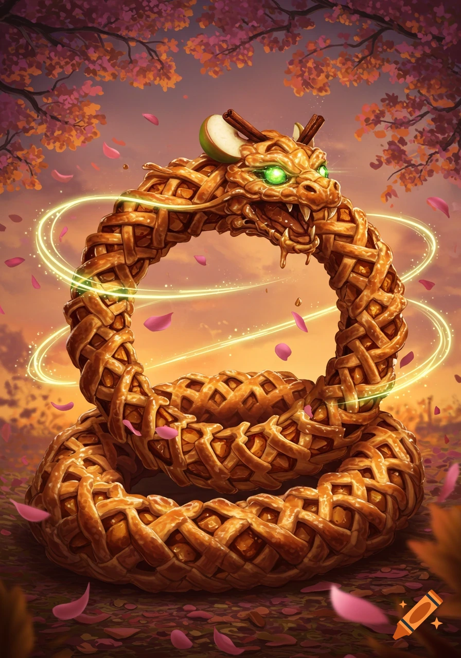 An apple pie ouroboros dragon with glowing green eyes, apple slice horns, and cinnamon stick details, encircled by golden light and falling pink petals under autumn trees.