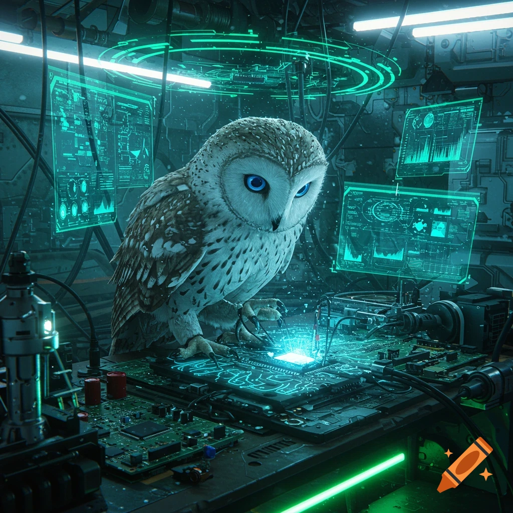 A photorealistic owl with bright blue eyes on a glowing circuit board in a futuristic, green-lit lab with holographic screens.