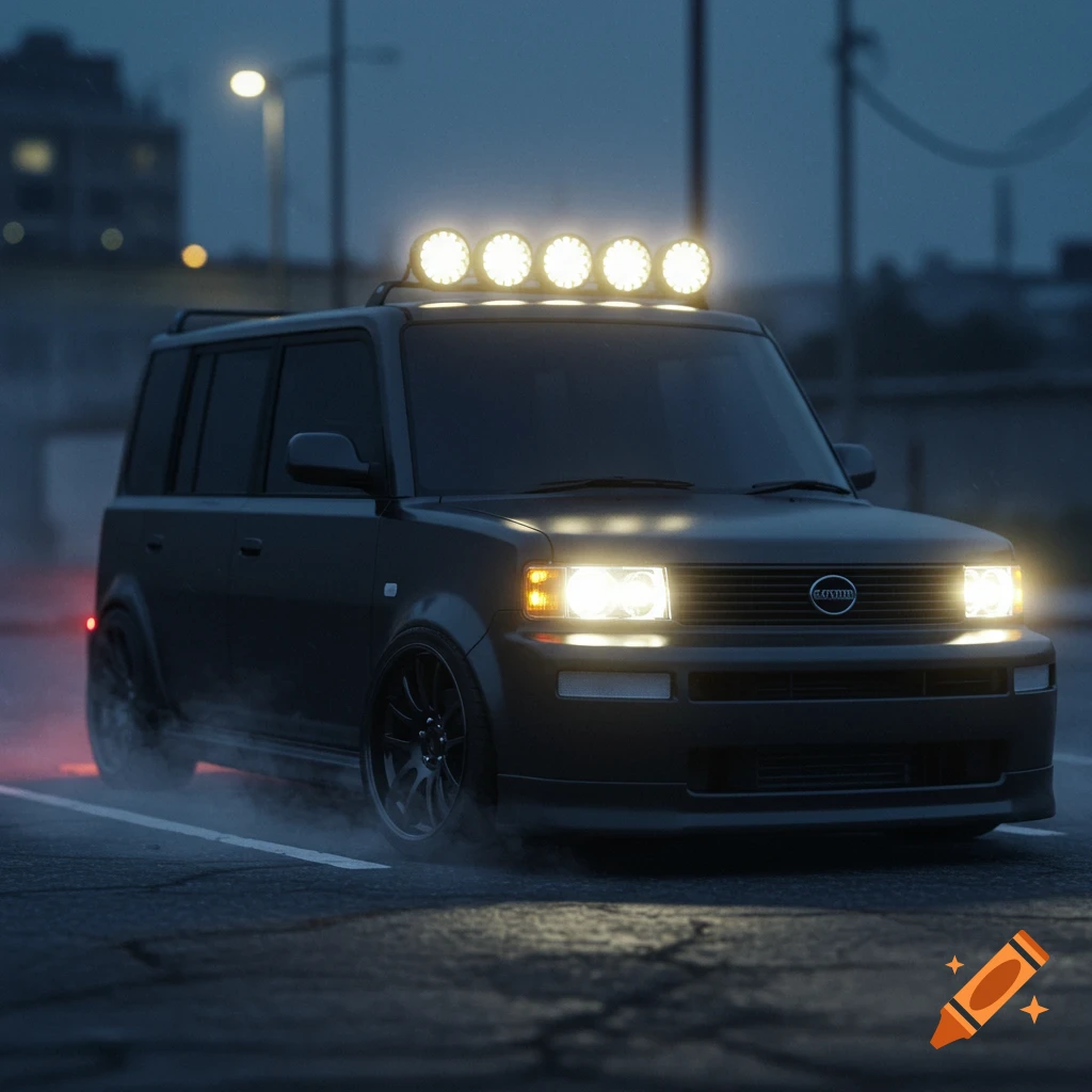 A dark gray 2005 Scion Xb with a roof light bar and headlights on, parked on a misty street at night.