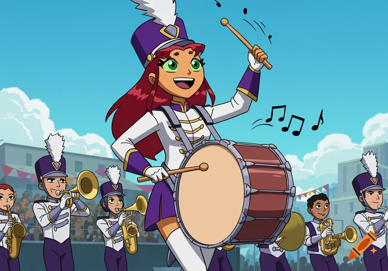 Starfire from Teen Titans Go, dressed as a drum majorette in a white and purple uniform, smiles while playing a bass drum in a marching band.