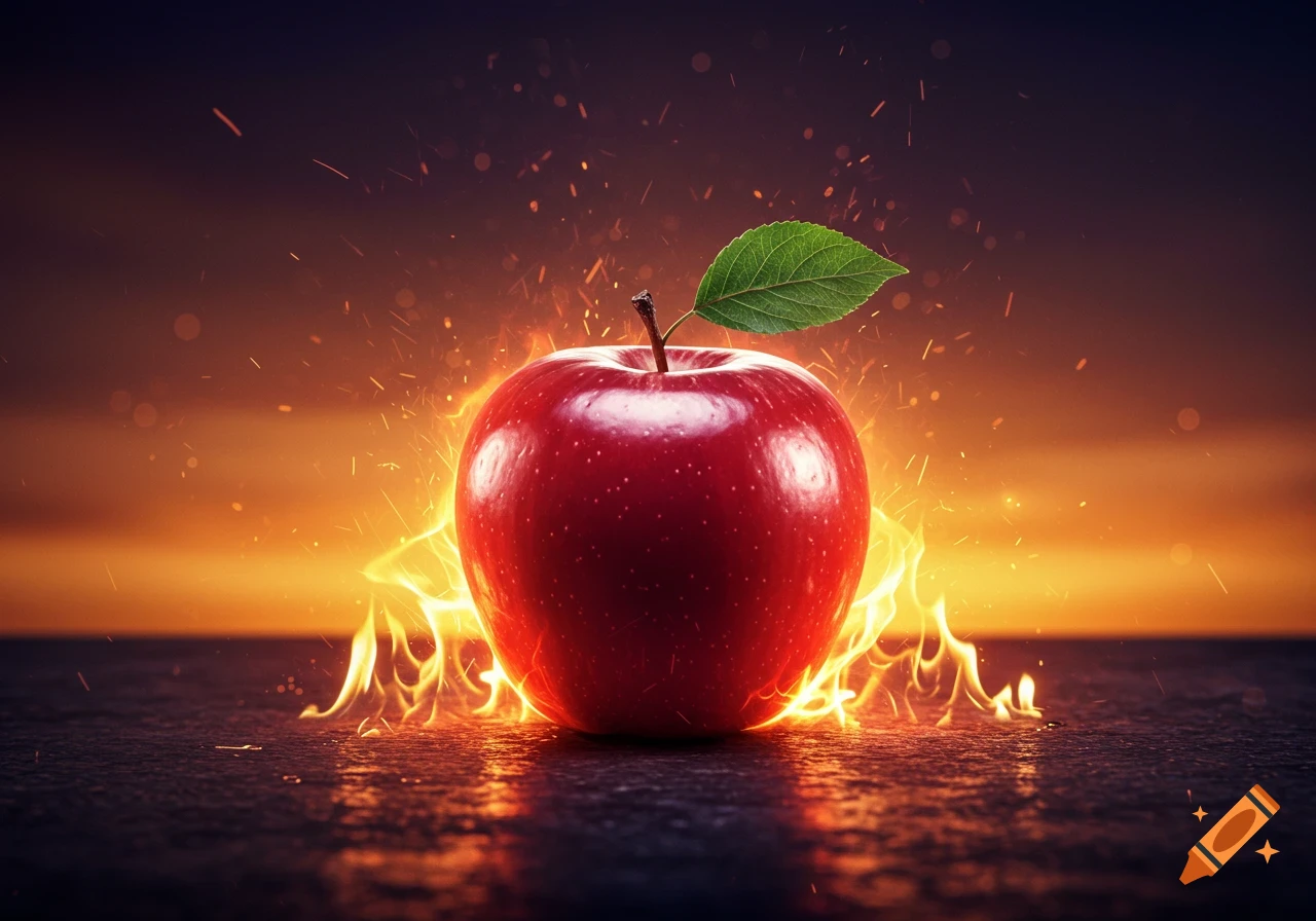 A vibrant red apple with a green leaf sits on a dark surface, surrounded by bright orange and yellow flames and sparks, against a fiery dark background.
