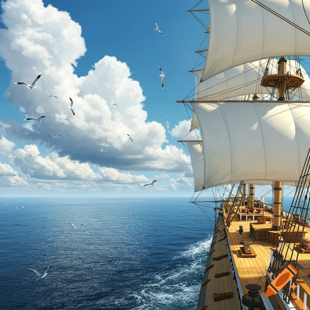 A detailed illustration of a large sailing frigate with white sails on a calm blue ocean under a partly cloudy sky, with seagulls flying.