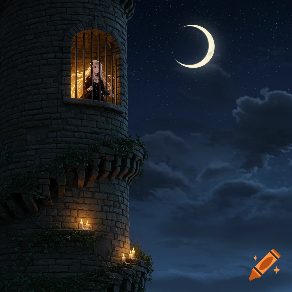An anime girl with long blonde hair looks out a barred window from a stone tower at night, under a crescent moon, with candles lighting the ledges.