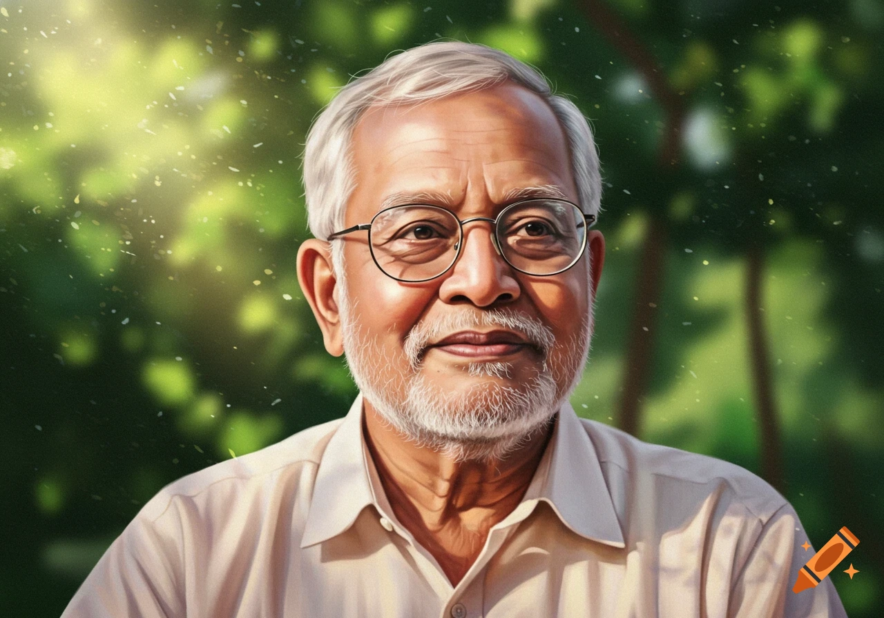 A digital painting portrait of a smiling elderly man with white hair, a white beard, and glasses against a soft green bokeh background.
