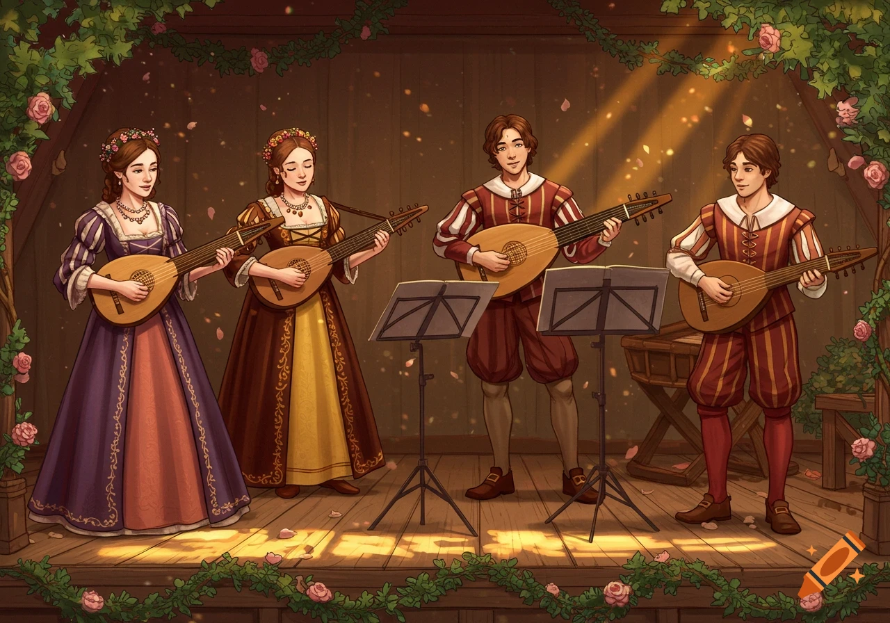 Four people in Renaissance clothing play lutes on a wooden stage decorated with rose vines, bathed in golden light.