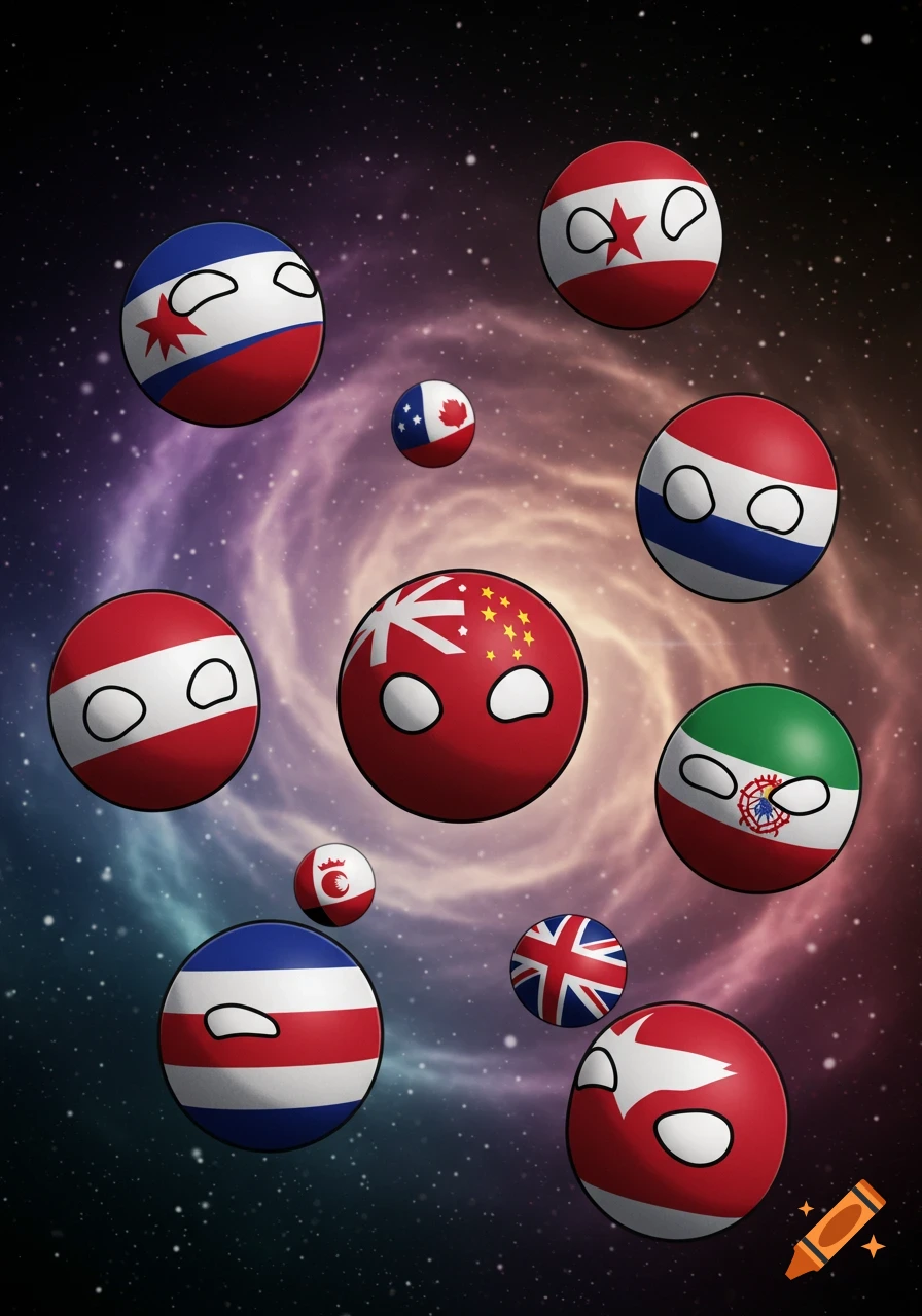 Cartoon countryball flags of various nations floating in a starry galaxy, with a nebula in the background.