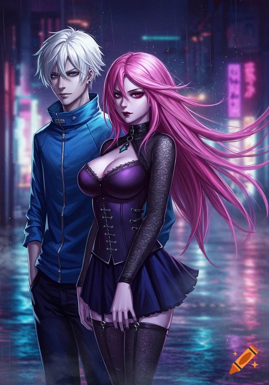 Anime goth girl with pink hair and a white-haired guy stand in a rainy, neon-lit city street at night.