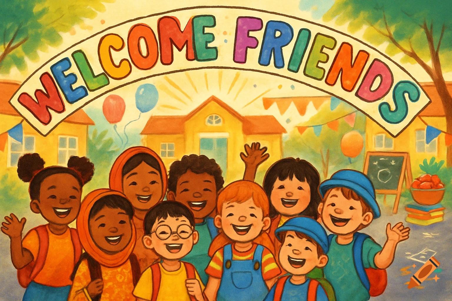 A cheerful illustration of a diverse group of smiling children waving in front of a school with a 'WELCOME FRIENDS' banner.