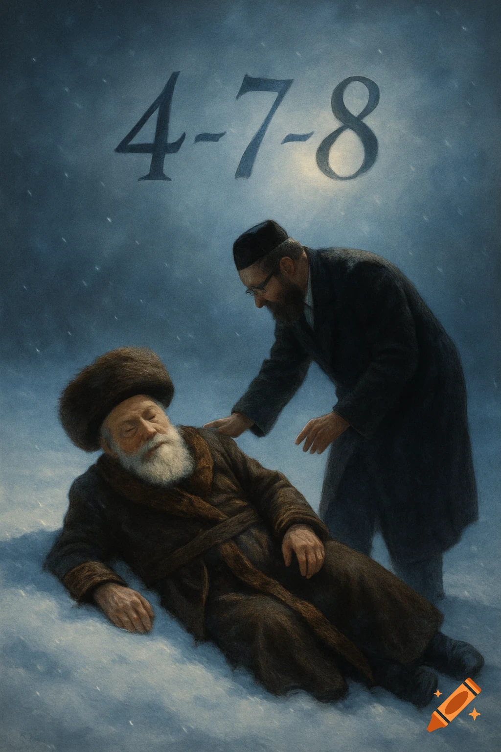 An older bearded man in a fur hat lies in the snow as a younger bearded man in a yarmulke helps him up, with '4-7-8' above.