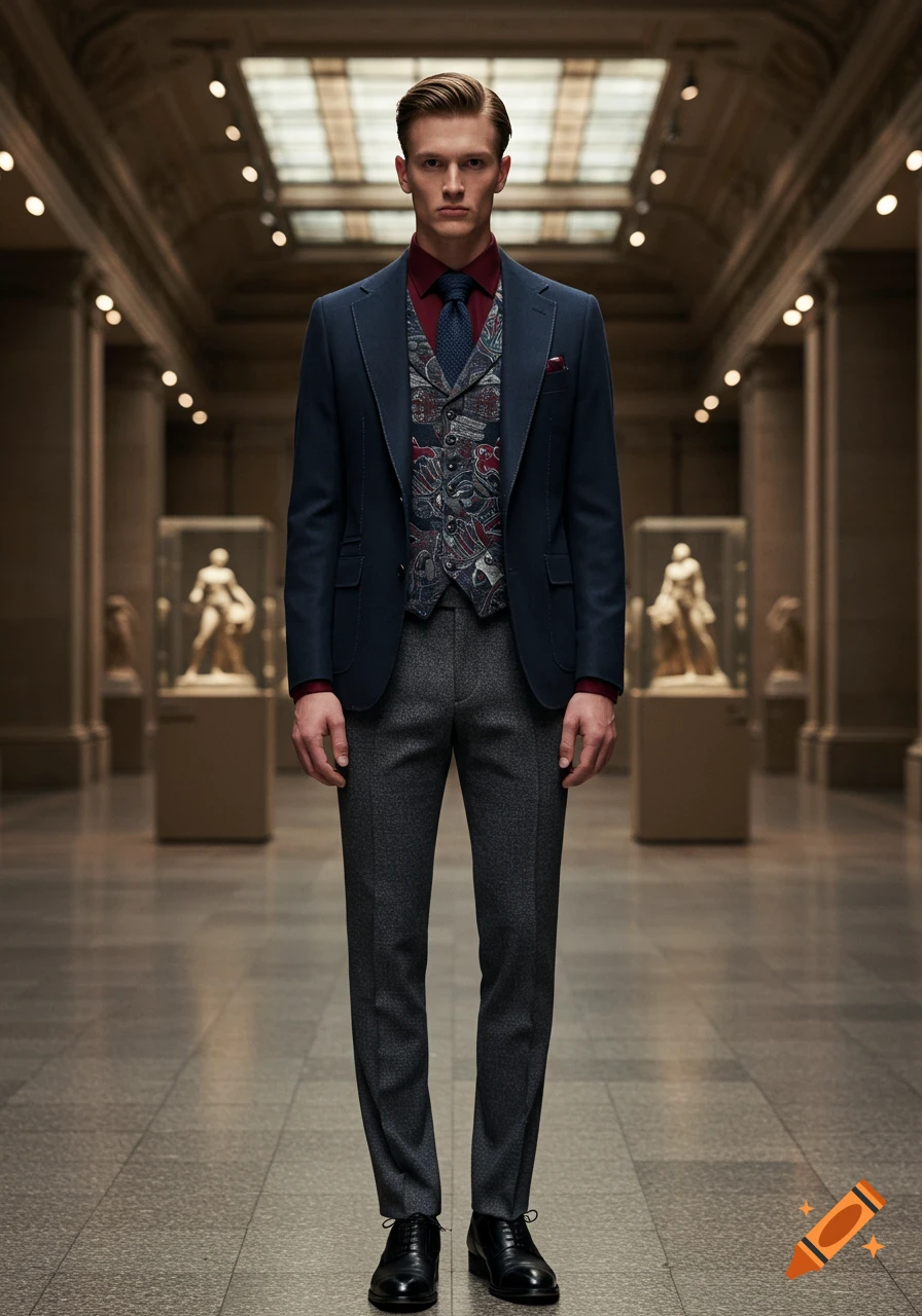 Photorealistic full-body shot of an elegant man in a navy suit, burgundy shirt, and patterned vest, standing in an upscale museum.