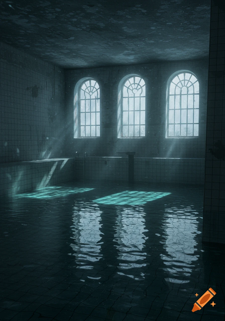 Moody photorealistic image of an abandoned, tiled room partially flooded, with light rays through arched windows.