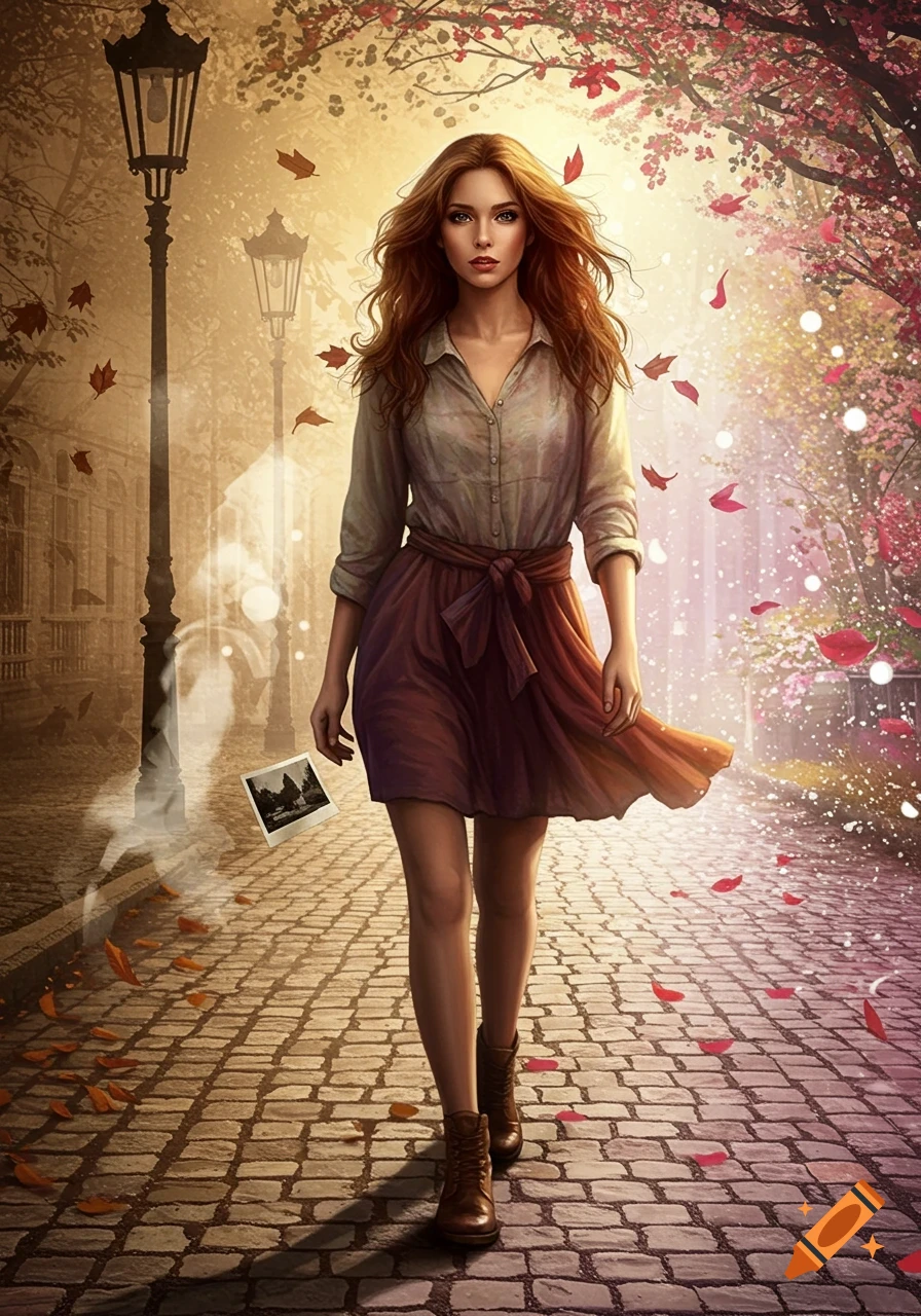 A determined young woman with long red hair walks on a glowing cobblestone street as autumn leaves fall. A small photograph floats beside her.