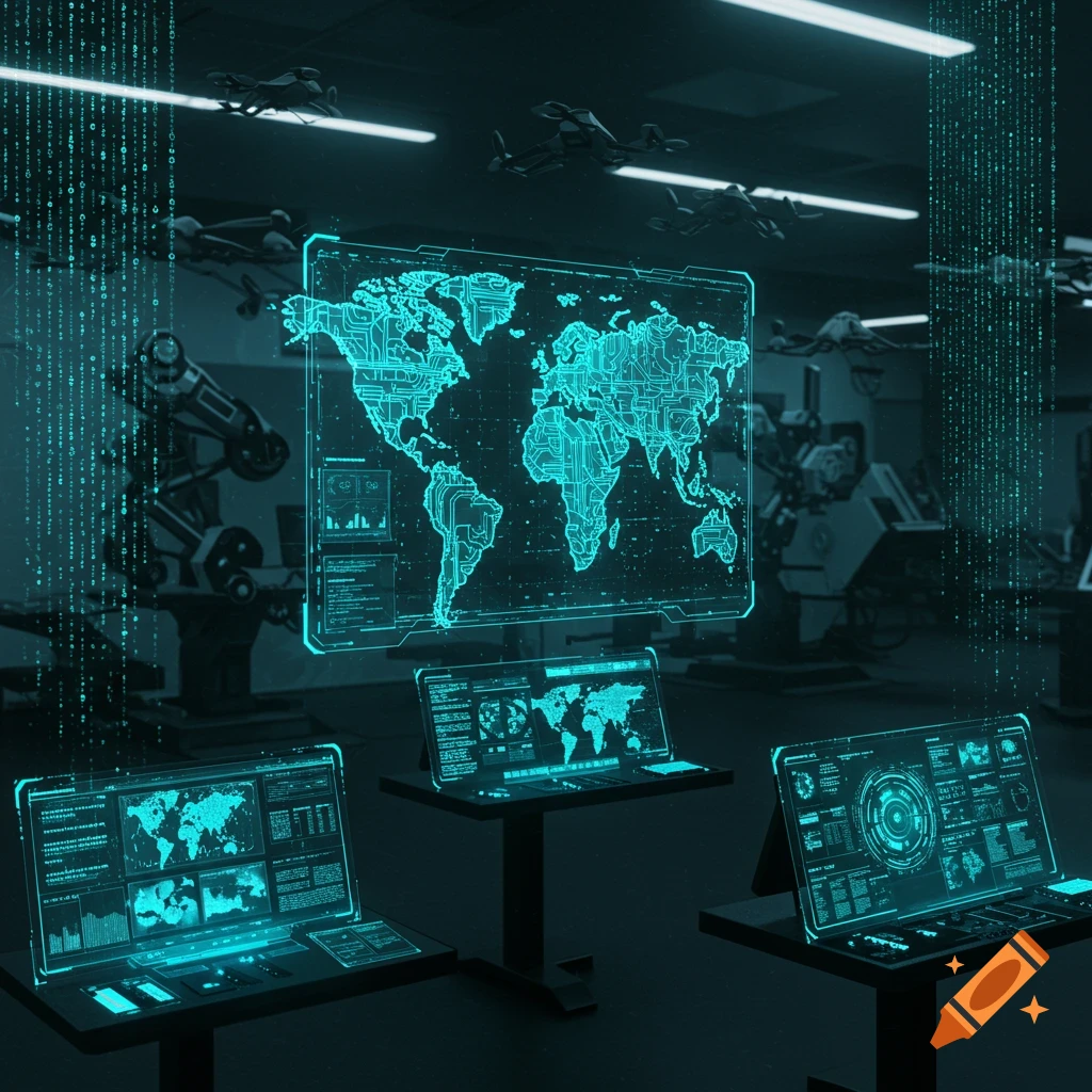 Futuristic control room with glowing blue holographic world map and data screens, drones flying in the background.