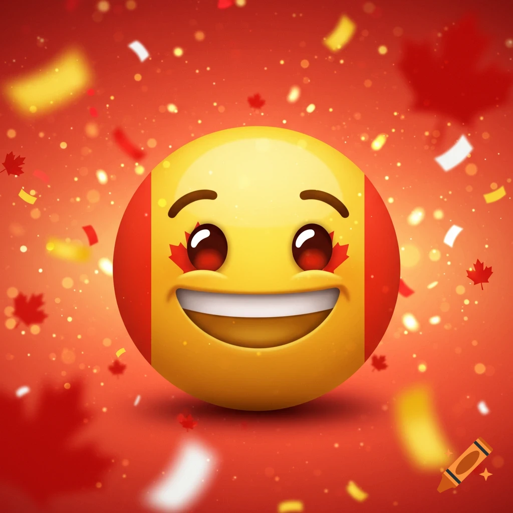 A smiling emoji with a Canadian flag design and maple leaves on its cheeks, surrounded by red confetti on a red background.
