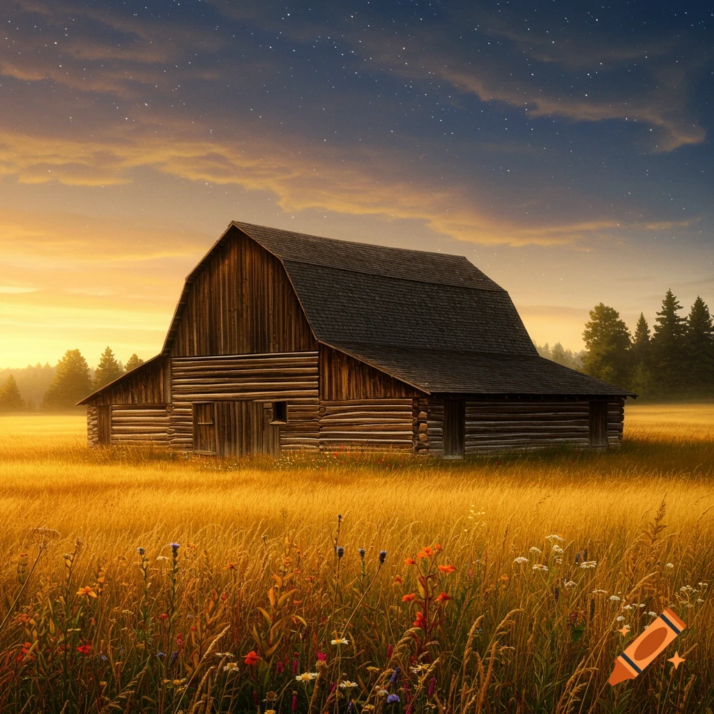 A rustic timber frame barn stands in a golden field under a twilight sky with stars.
