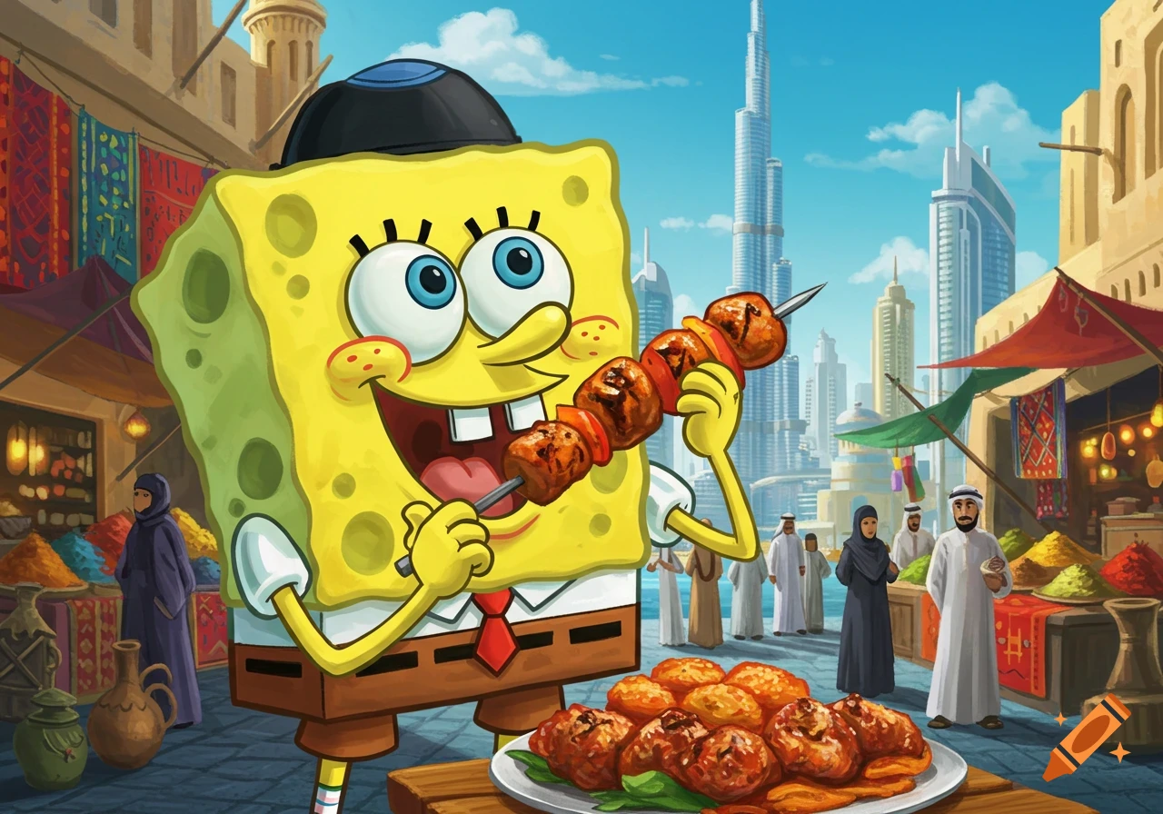 Spongebob Squarepants, wearing a kippah, happily eats a kebab in a bustling Dubai market with skyscrapers in the background.