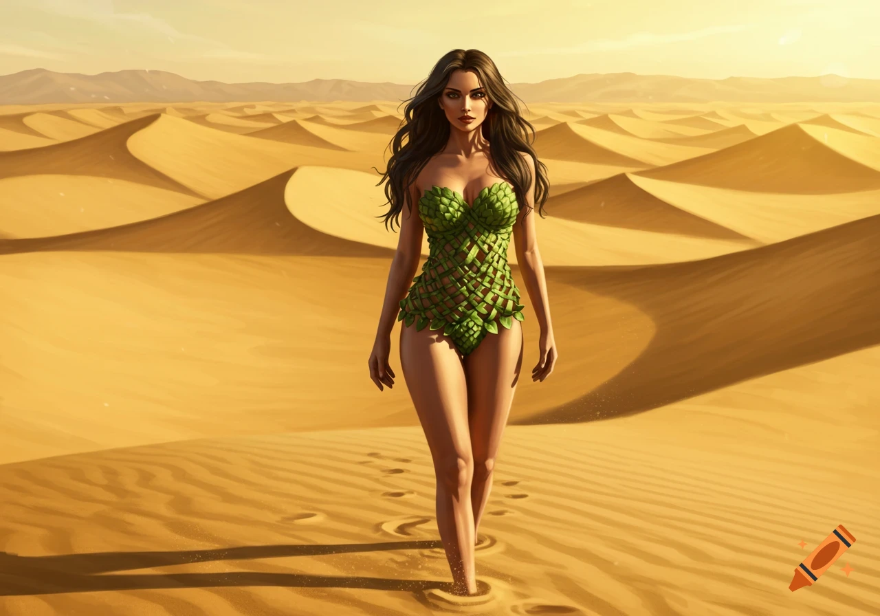 A beautiful woman with long dark hair, wearing a green leaf-patterned costume, walks through a sunlit desert landscape with sand dunes.